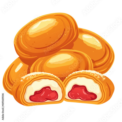 vector illustration of empanadas stacked with two cut open showing filling on white background for food icon or clipart