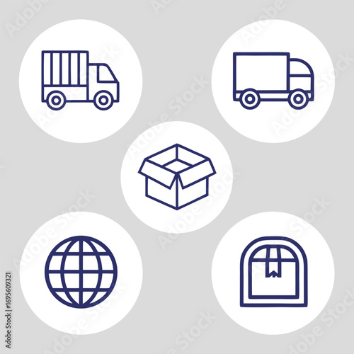 Five circular icons illustrating delivery and global logistics concepts truck open box
