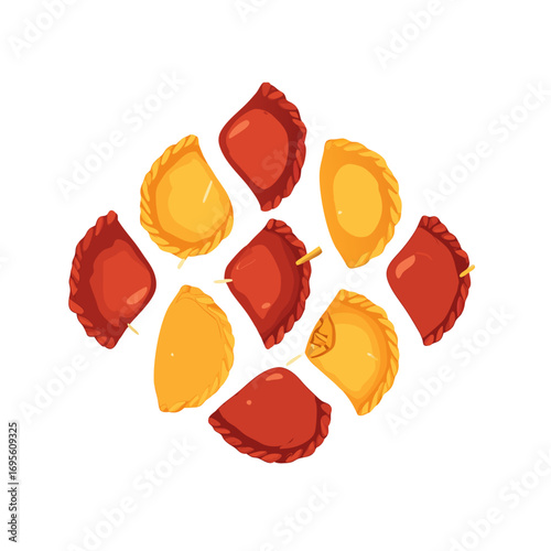 vector illustration of assorted empanadas arranged in circle on white background for food icon or clipart