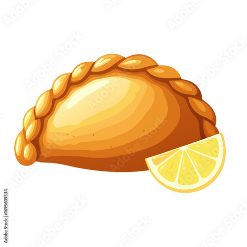 Vector illustration of a delicious empanada pastry with a lemon wedge on a white background for food and cuisine designs