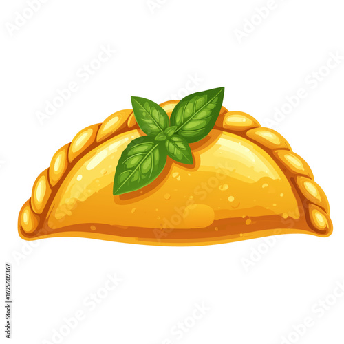 vector illustration of empanadas food icon with green leaves on top for culinary design