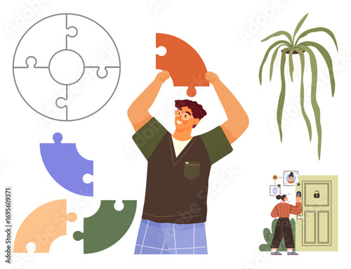 Person arranging vibrant puzzle pieces, open lock and keys, houseplant. Ideal for teamwork, problem-solving, strategy, connection, creativity collaboration organization. Simplistic flat metaphor