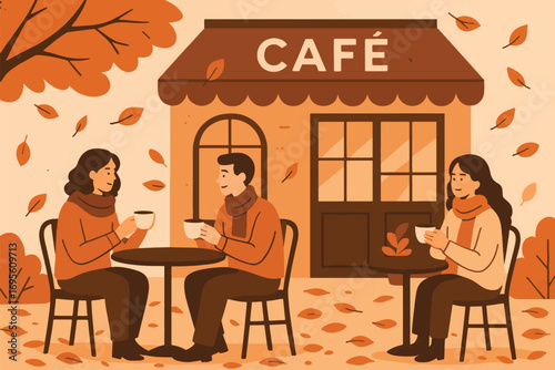 An autumn-themed café scene featuring friends enjoying warm beverages, surrounded by falling leaves and seasonal ambiance. Ideal representation of companionship, relaxation, and cozy fall moments.