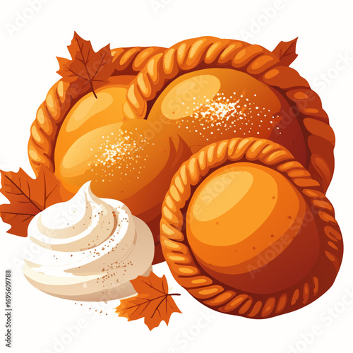 vector illustration of empanadas with whipped cream and autumn leaves on white background for food icon or clipart use