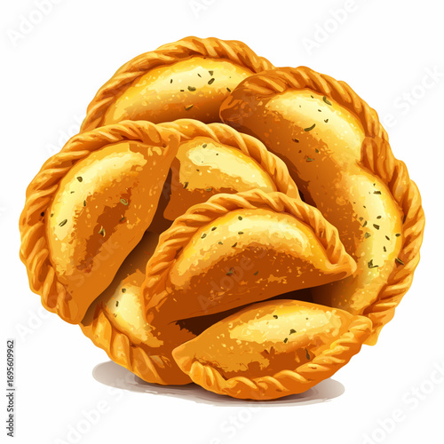a vibrant illustration of golden empanadas stacked together on a white background for food and cuisine designs