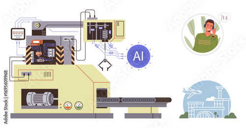 Industrial machine and robotic arm with AI tech, operator call interaction, world connectivity. Ideal for AI integration, robotics, automation, industry, customer support, logistics innovation