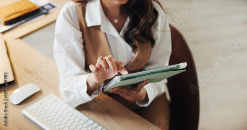 Konstfotografi Tablet, hands and reading with business woman in office for event planning, venue coordinator and research