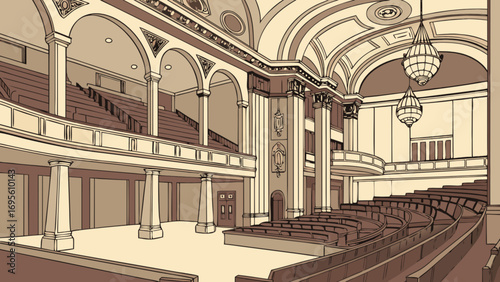 Illustration of grand auditorium interior with seating, balcony, stage, and ornate architectural details
