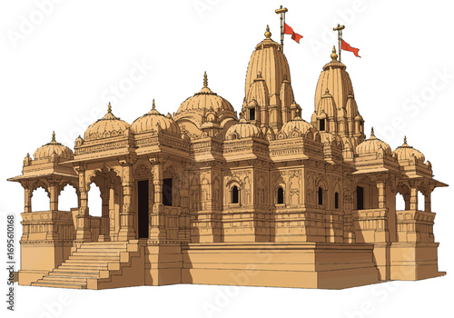 Realistic 2D vector illustration of ornate Rajasthani temple architecture, featuring intricate carvings, majestic domes, and towering spires, prominently isolated on a clean white background.