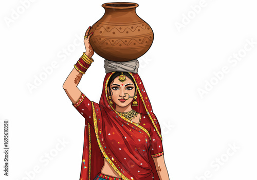 Rajasthani woman gracefully balancing a traditional earthen pot on her head, depicted as a realistic 2D vector illustration, vividly showcasing Indian culture on a clean white background.