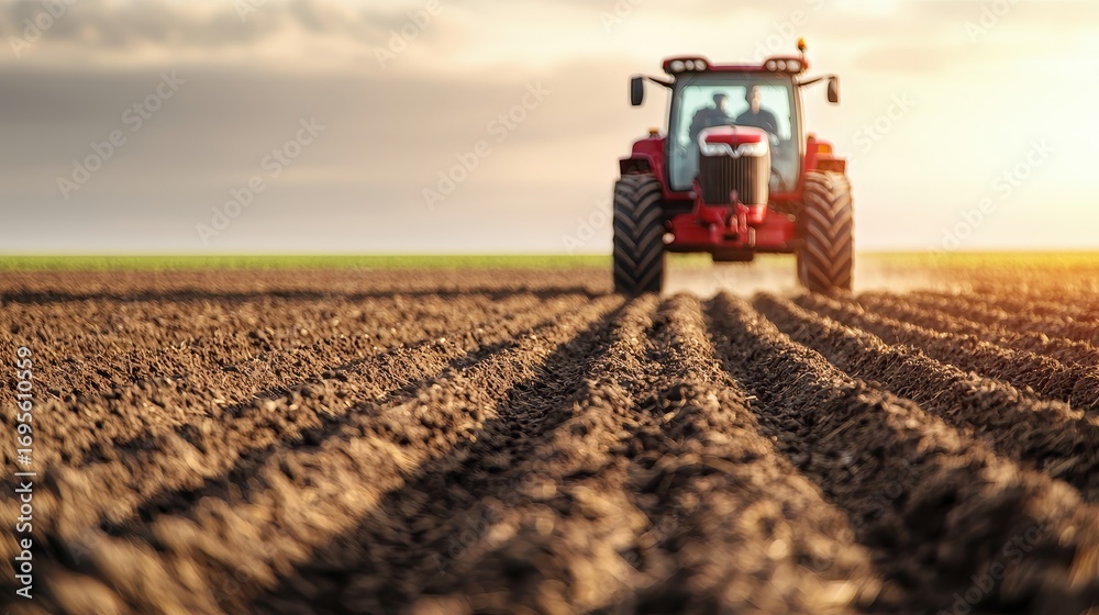 Obraz premium A red tractor plows a field, creating distinct furrows under a bright sky, symbolizing agricultural activity and rural life.