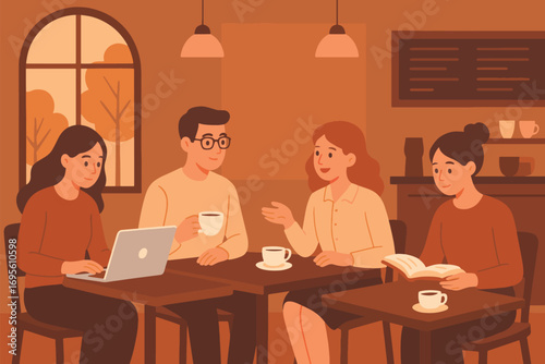 Warm-toned café with friends sharing coffee, books, and laptops—great for promoting social gatherings, remote work culture, and relaxed lifestyle imagery.