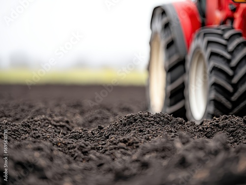 Wallpaper Mural A close-up of tractor tires on rich, dark soil, suggesting agricultural activity in a foggy environment. Torontodigital.ca