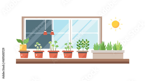 Indoor gardening plants in pots on windowsill home decor and sunlight vector illustration design concept