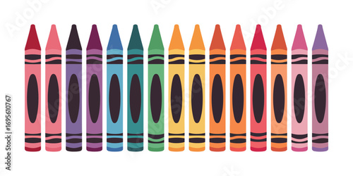 A vibrant assortment of colorful wax drawing sticks arranged in a rainbow spectrum. Vector graphic for art, education, and creative design projects