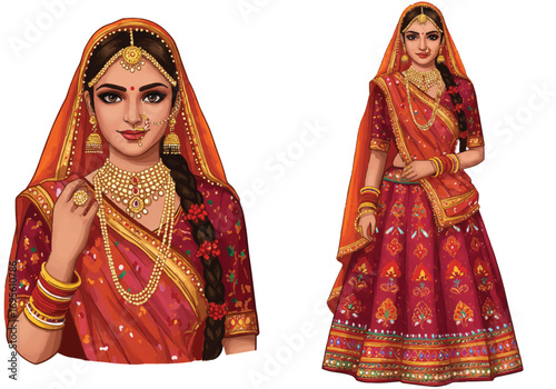 Beautiful Rajasthani woman adorned with an elaborate traditional nose ring, presented as a realistic 2D vector illustration on a clean white background.