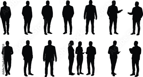 Businessman silhouettes, professional men and women, office communication, corporate discussion, teamwork concept, management, leadership, business poses, meeting, professional illustration