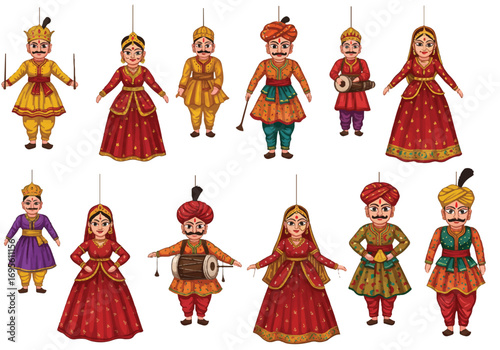 Traditional Rajasthani puppets are realistically depicted hanging as a 2D vector illustration on a clean white background, showcasing vibrant Indian cultural heritage.