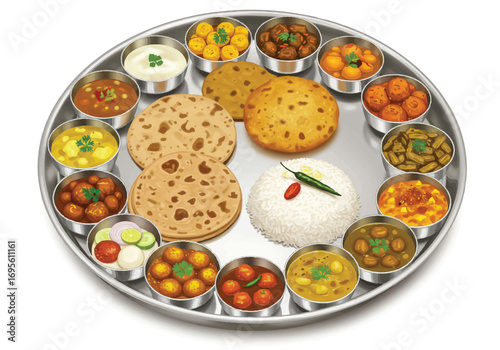 A realistic 2D vector illustration showcases a traditional Rajasthani food thali, featuring a variety of authentic dishes served on a round platter against a clean white background.