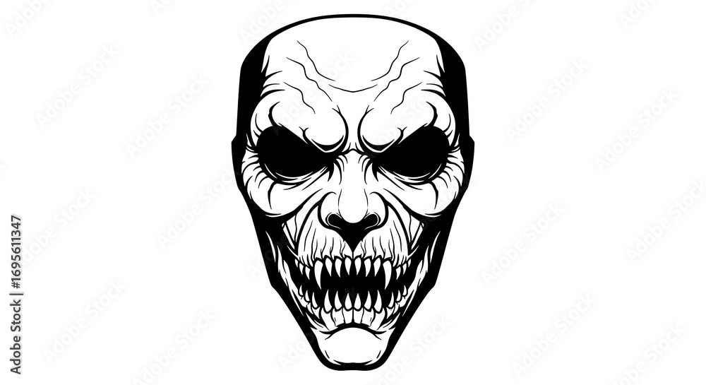 Fototapeta premium A black and white illustration of a scary monster face with sharp teeth and dark eyes on a white background ai generated