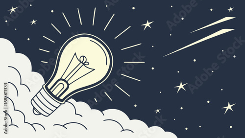 Creative idea lightbulb inspiration concept at night with stars and clouds vector illustration design