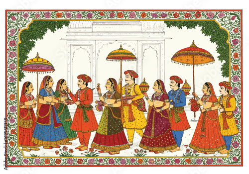 Elegant traditional Rajasthani painting style 2D vector illustration depicting a beautifully adorned royal figure on a clean white background.