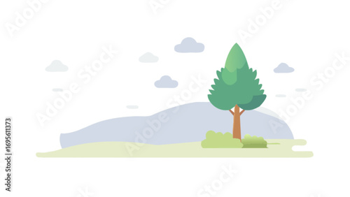 Cartoon landscape vector illustration with tree clouds and hills for graphic design and background use