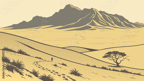 Illustration of desert landscape with mountains and lone traveler for travel and adventure concepts vector art