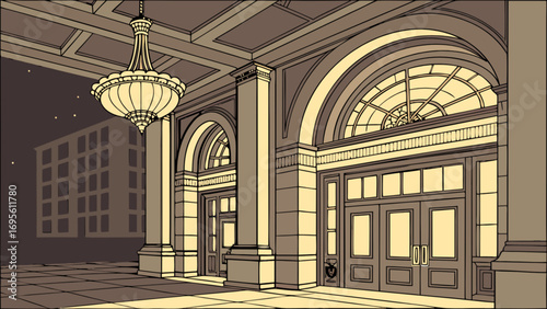 Grand ballroom entrance with chandelier and architecture illustration vector clip art design element