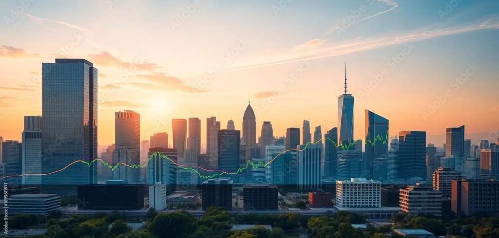 Fototapeta premium Modern city skyline with financial graph overlay on skyscrapers, growth, financial