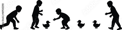 Children playing with ducks silhouette, boy interacting with animals, feeding birds, outdoor activity, childhood fun, wildlife moment, vector illustration design
