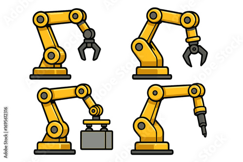 Set of industrial robotic arms for factory automation. Vector collection of manipulators with different grippers and tools for manufacturing. Technology and engineering concept.