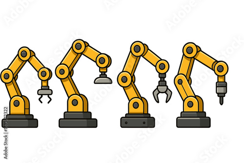 Industrial robot arm set. Robotic manipulator for factory automation and manufacturing. Vector collection with gripper, claw, suction cup, welder. Technology machinery icon.