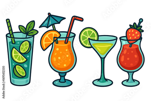 Cocktail set vector illustration. Mojito, margarita, daiquiri, tropical drink collection. Summer party alcohol menu icon. Cartoon drawing for bar, beach, festive gathering.