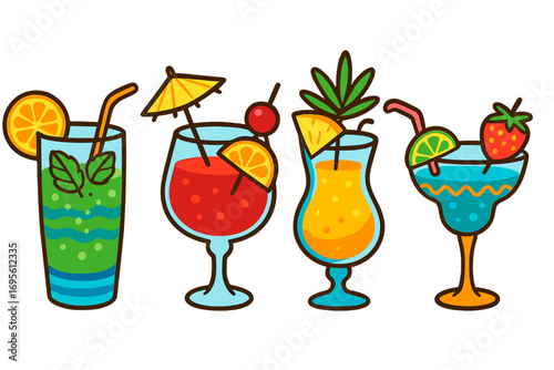 Set of cartoon cocktails in vibrant glasses. Vector illustration of tropical summer drinks for a party. Bar menu elements with mojito, margarita, and fruit punch. Isolated.