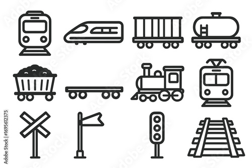 Train icon set. Railway, railroad transport collection. High-speed, subway, steam locomotive, freight car vector icons. Rail track, crossing sign, signal light symbols.