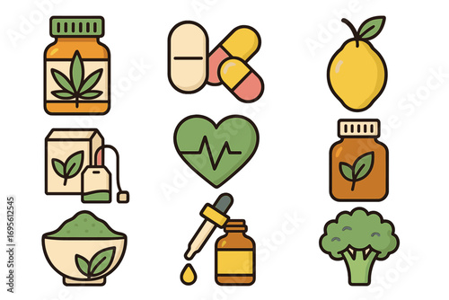Health and wellness icon set with natural supplements, vitamins, herbal medicine, CBD oil, and superfoods. Vector cartoon illustrations for a healthy lifestyle and nutrition concepts.