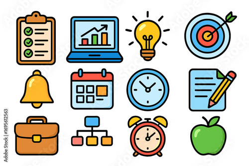 Productivity icon set for time management, business workflow, and goal setting. Vector symbols for schedule, idea, success, data analysis. Colorful flat cartoon illustration.