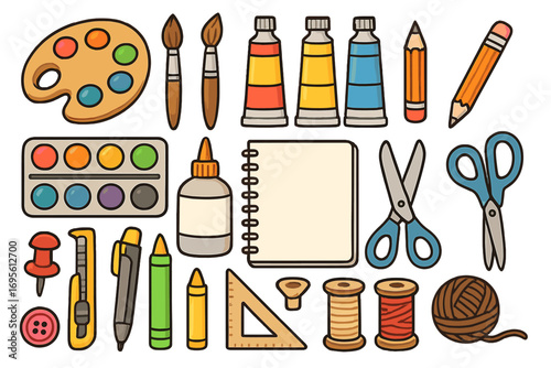 Art supplies and crafting tools collection for artistic projects. Creative hobby icon set with paint, brush, pencil, scissors. School supplies for drawing and painting. Vector cartoon design elements.
