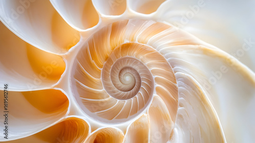 Close up of a nautilus shell showing its spiral pattern and inner chambers.