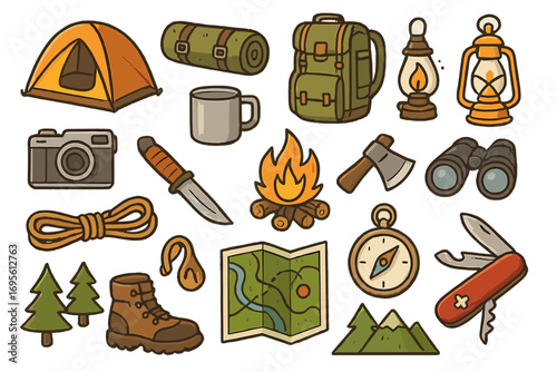 Camping equipment icons. Outdoor adventure and survival essentials set. Vector cartoon illustration of tent, backpack, campfire, map, compass, knife for hiking and trekking.