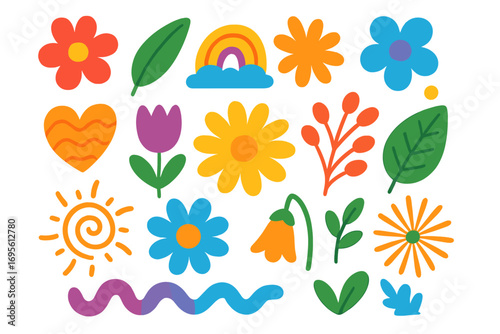 Groovy floral abstract elements. Hippie retro 70s flower power clipart set. Cute cartoon nature vector collection. Naive kidcore doodle stickers. Summer spring vibe graphics.