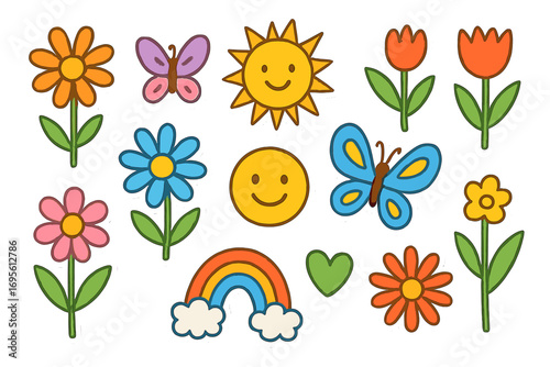 Groovy retro sticker set. Hand drawn cartoon collection of flowers, butterfly, rainbow, sun, and smiley face. Cute 70s hippie doodle patches for kids. Vector illustration.