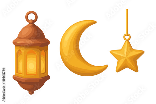 Ramadan Kareem 3D icon set with golden crescent moon, hanging star, and Arabic lantern. Islamic holiday cartoon vector elements for Eid al-Fitr and Mubarak celebration.