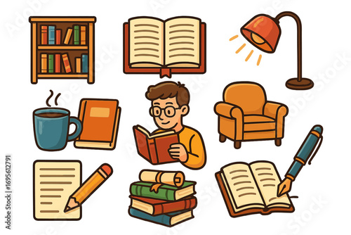 Reading icon set. Writing and literature vector collection. Education and study symbols. Man with book, library bookshelf, pen, paper, lamp, and cozy armchair.