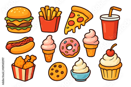 Fast food and desserts icon set. Vector cartoon graphic collection. Burger, pizza, fries, hot dog, donut, ice cream, soda, cupcake. Junk food snack meal illustration.