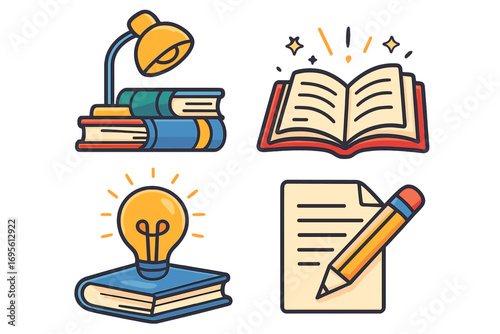 Set of cartoon icons for education and creativity. Book, lamp, open notebook, pencil and paper, light bulb idea symbol. Learning, reading, writing, knowledge concept.