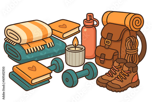 Vector cartoon set of self-care and wellness items for a balanced lifestyle. Cozy hygge concept with blanket, candle, journal. Fitness, hiking, and travel adventure gear.