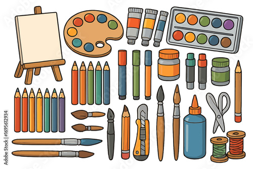 Art supplies and craft tools collection. Vector cartoon icons set. Paint, brush, pencil, easel, palette, scissors, glue for drawing, artistic project, school, hobby.