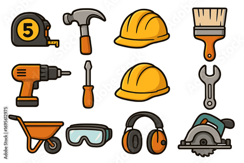 Construction tools vector icon set. Collection of building & repair equipment. Cartoon graphic for industry, renovation, DIY. Includes hammer, drill, hard hat, saw, glasses.